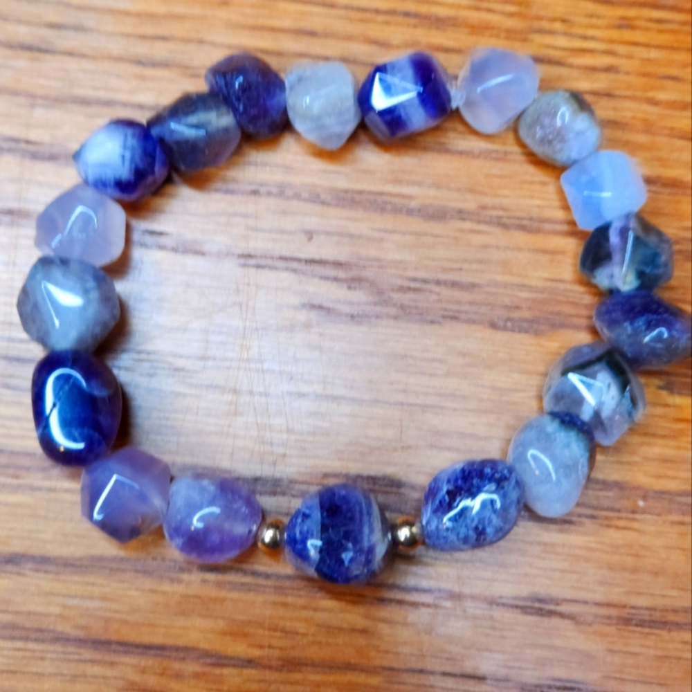 Handcrafted Charming Genuine Amethyst & Fluorite Gemstone Stretch Bracelet